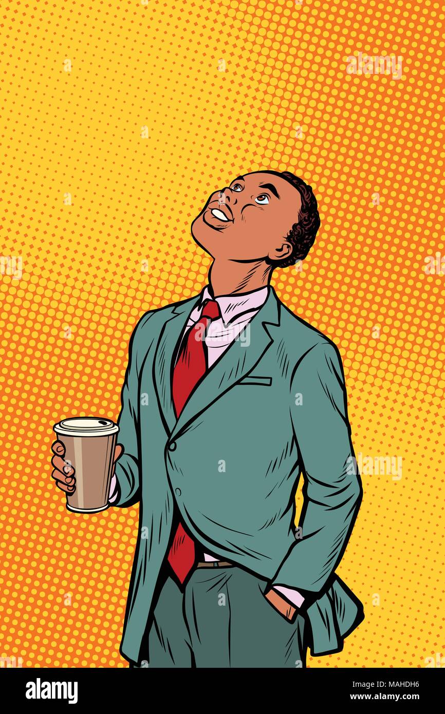 African businessman drinking coffee and looking up Illustration de Vecteur