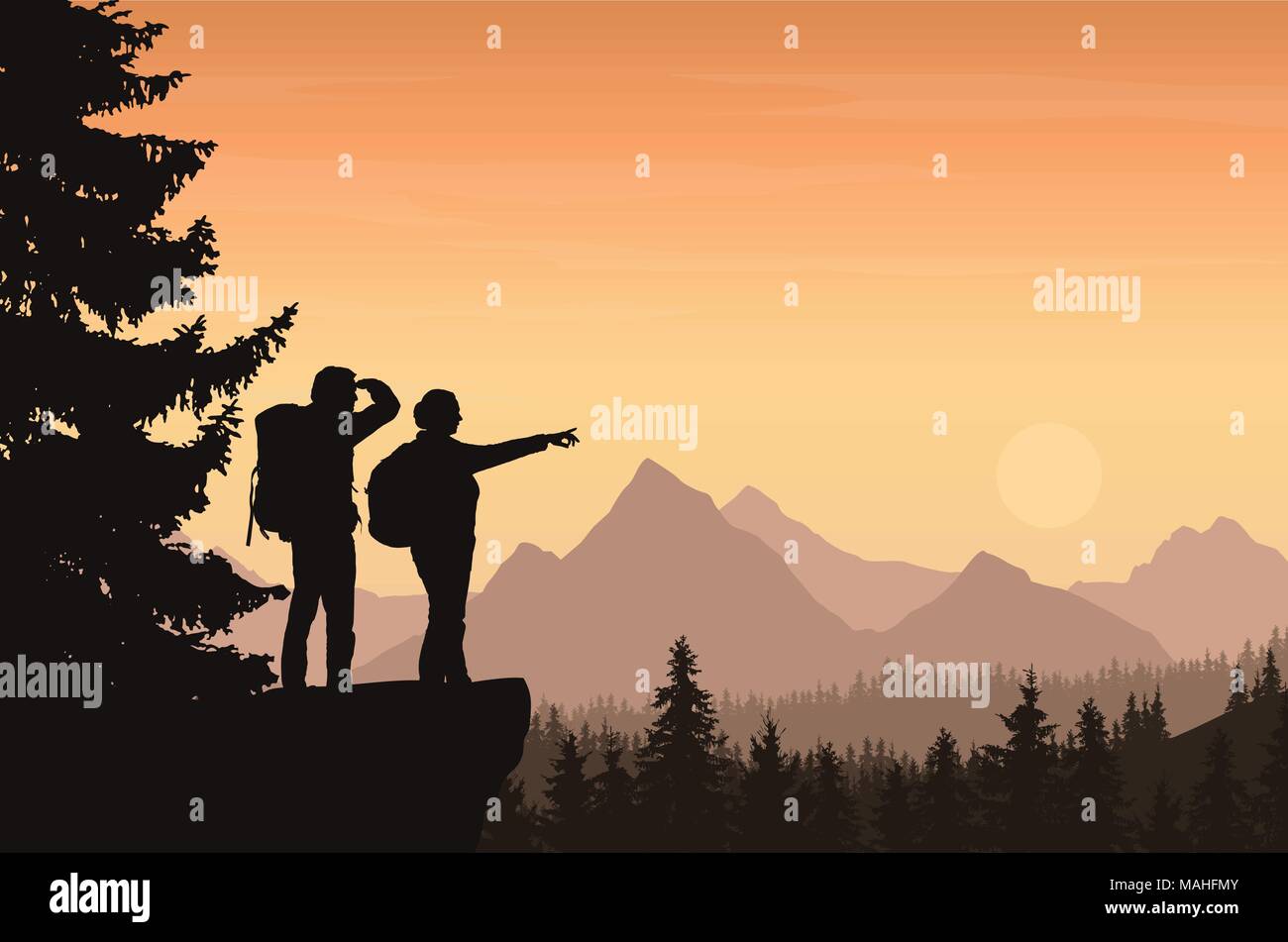 Vector illustration d'un paysage de montagne avec une forêt et deux touristes, l'homme et de la femme avec des sacs à dos montrant sa main et à la recherche dans la distanc Illustration de Vecteur