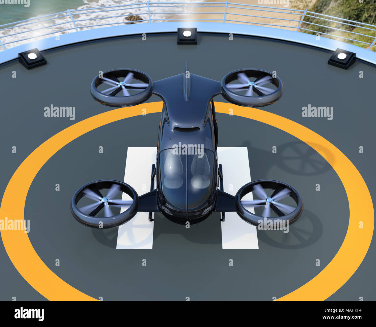Vue avant de l'auto-conduite noir drone passager le décollage et  l'atterrissage sur l'héliport. Le rendu 3D image Photo Stock - Alamy