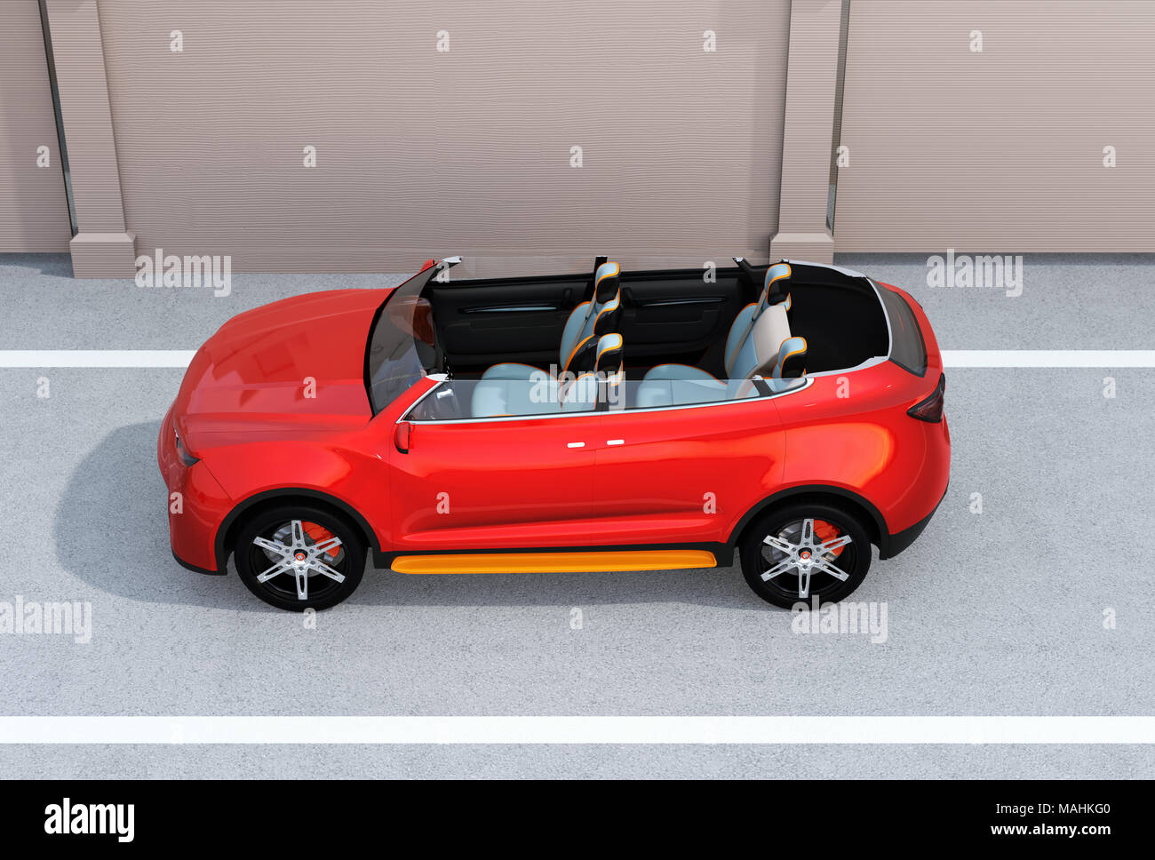 Vue latérale du rouge en coupe de conduite auto-SUV électrique parking sur le côté de la route. Le rendu 3D image. Banque D'Images