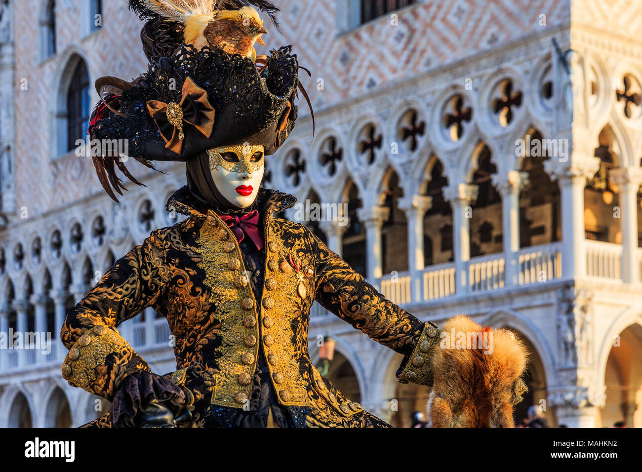 Venise, Italie. Carnaval de Venise, beau masque à la place Saint Marc. Banque D'Images