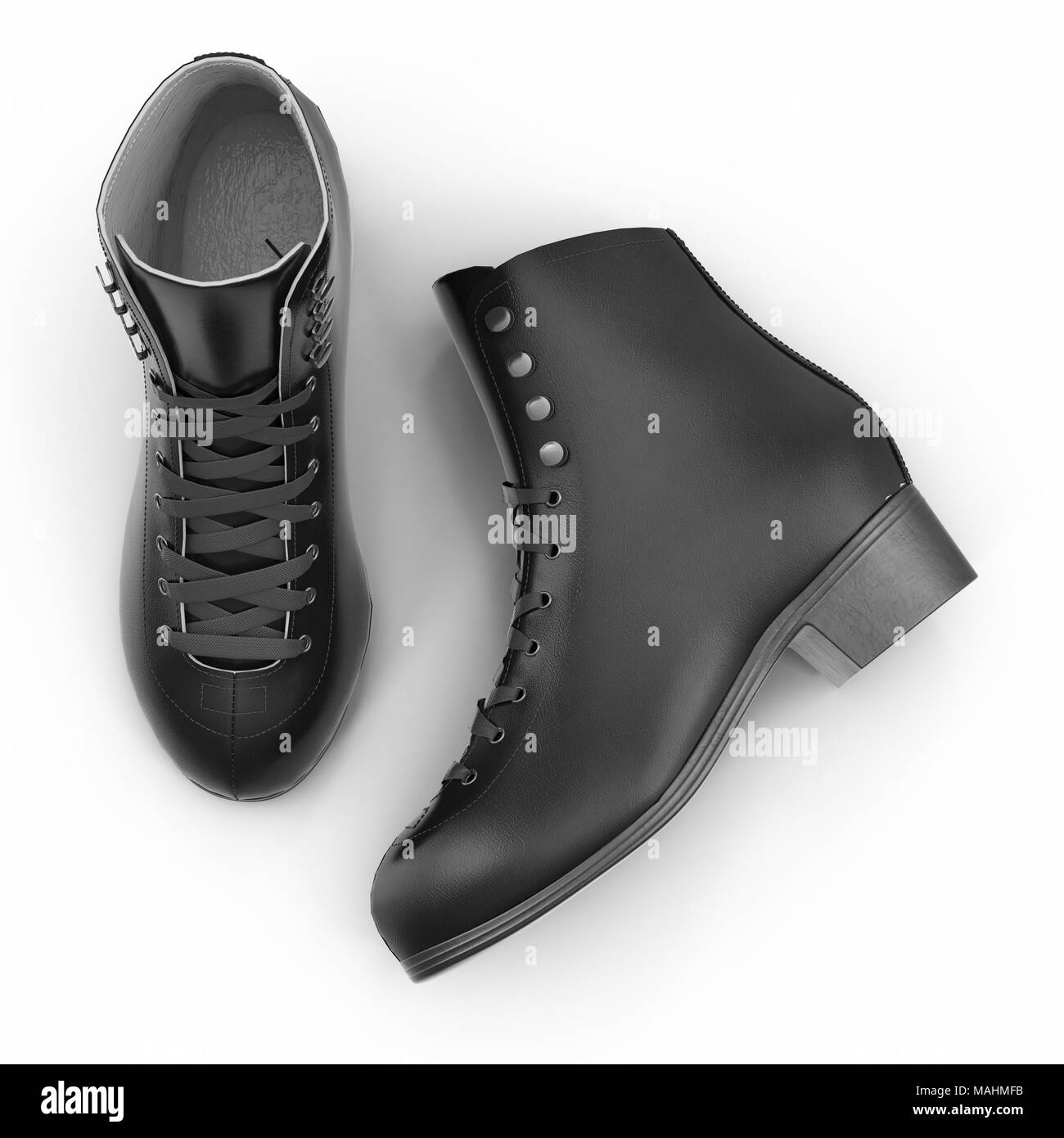 Bottes femme en cuir noir sur blanc, produit isolé. Vue d'en haut. 3D illustration, clipping path Banque D'Images Bottes femme en cuir noir sur blanc, produit isolé. Vue d'en haut. 3D illustration, clipping path Banque D'Images