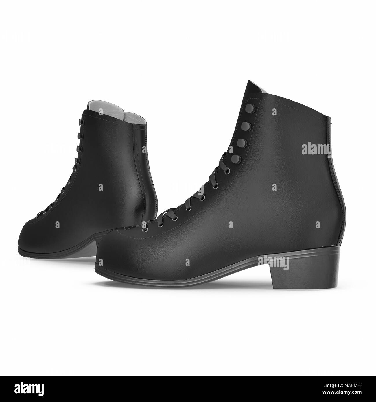 Bottes femme en cuir noir sur blanc, produit isolé. Vue de côté. 3D illustration, clipping path Banque D'Images Bottes femme en cuir noir sur blanc, produit isolé. Vue de côté. 3D illustration, clipping path Banque D'Images