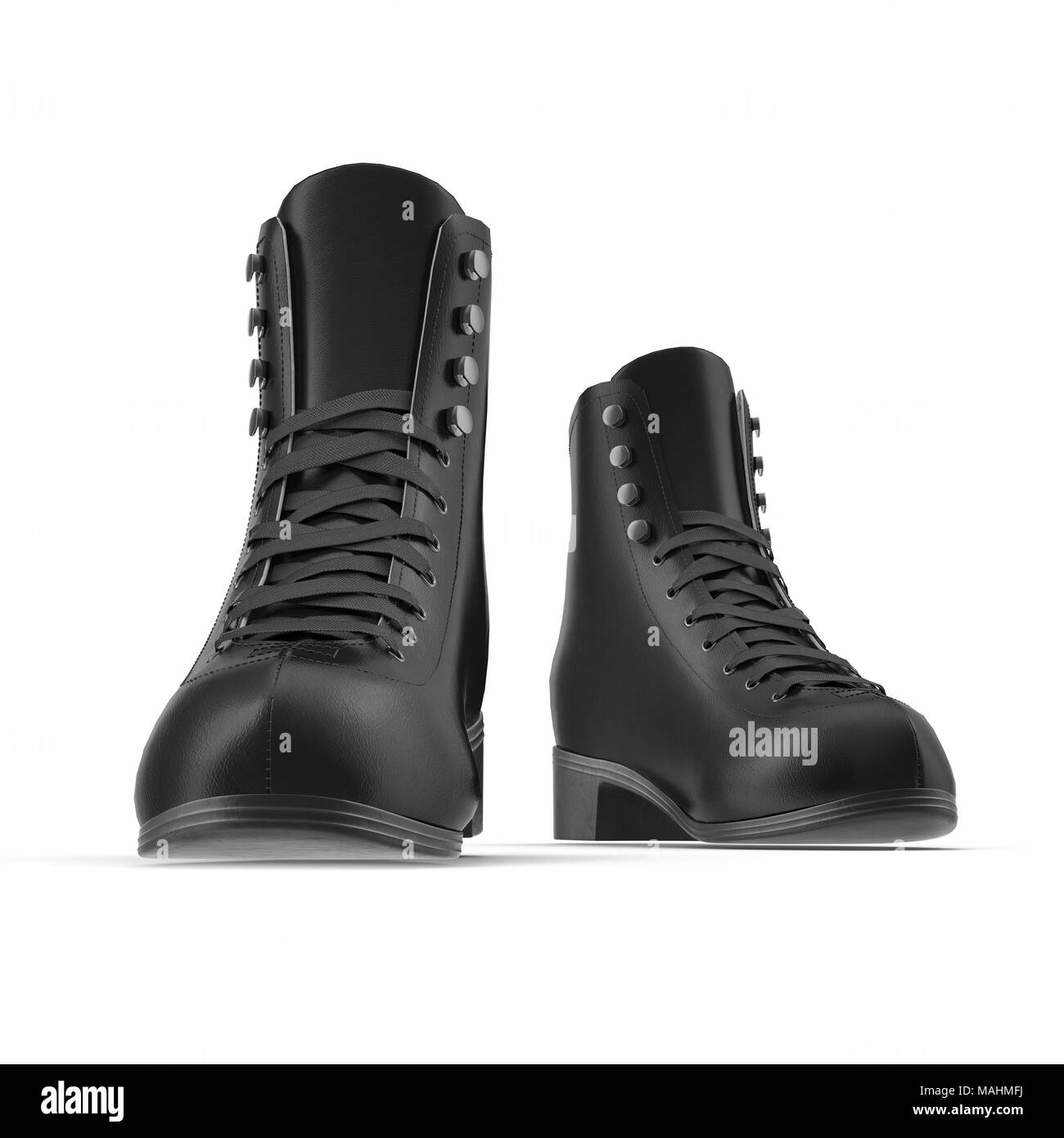 Paire de bottes femme noir isolé sur blanc, produit isolé. Vue de face. 3D illustration, clipping path Banque D'Images Paire de bottes femme noir isolé sur blanc, produit isolé. Vue de face. 3D illustration, clipping path Banque D'Images