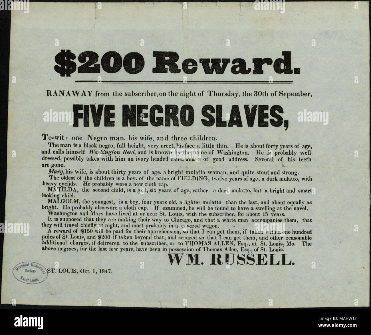 Annonce Une Recompense De 0 Offert Par Wm Russell Pour La Capture De Cinq Esclaves En Fuite 40 Year Old Washington Reed Connu Sous Le Nom De Washington 30 Ans Marie