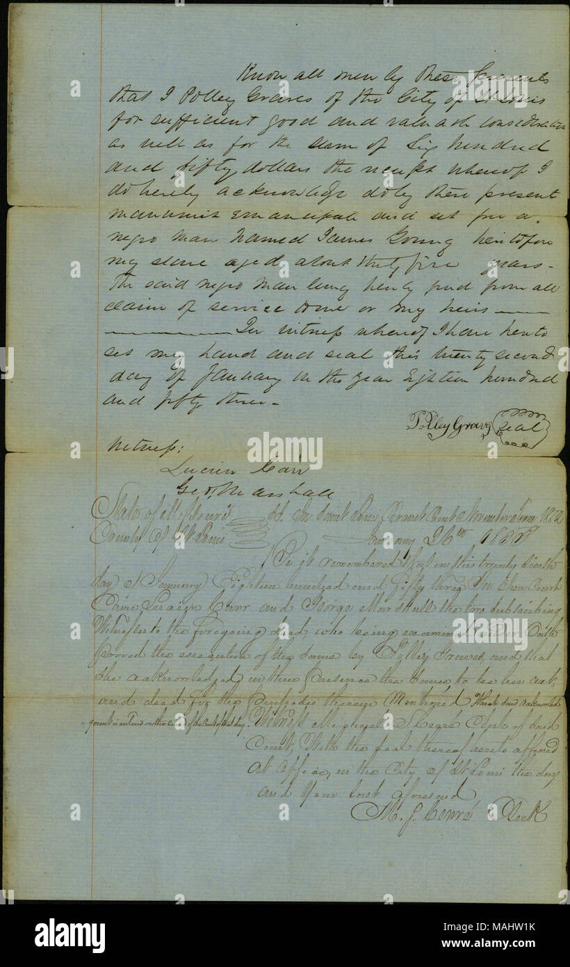 Libère ses 35 ans slave James Young. Tombes libère son esclave en contrepartie de 650 $. Témoins, Lucien Carr et George Marshall. Comprend la déclaration de Lucien Carr et George Marshall, certifiant le présent acte, enregistré dans la cour de circuit de St Louis par Michael S. Autrey, greffier. Titre : l'acte d'émancipation signée Polley tombe de saint Louis, le 22 janvier 1853 . 22 janvier 1853. Tombes, Polley Banque D'Images