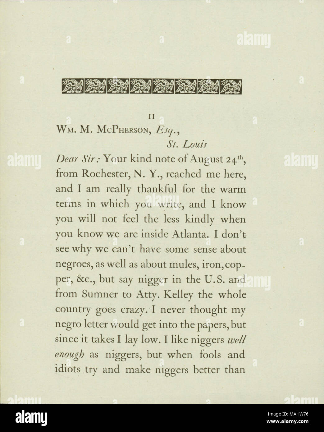 En ce qui concerne une lettre de Sherman concernant les Afro-américains qui a été réimprimée dans la "presse américaine.' Title : copie imprimée de la lettre de W.T. Sherman, Saint Louis, à Wm. M. McPherson, publiée le 1er octobre 1916 . 1 octobre 1916. Sherman, William T. (William Tecumseh), 1820-1891 Banque D'Images