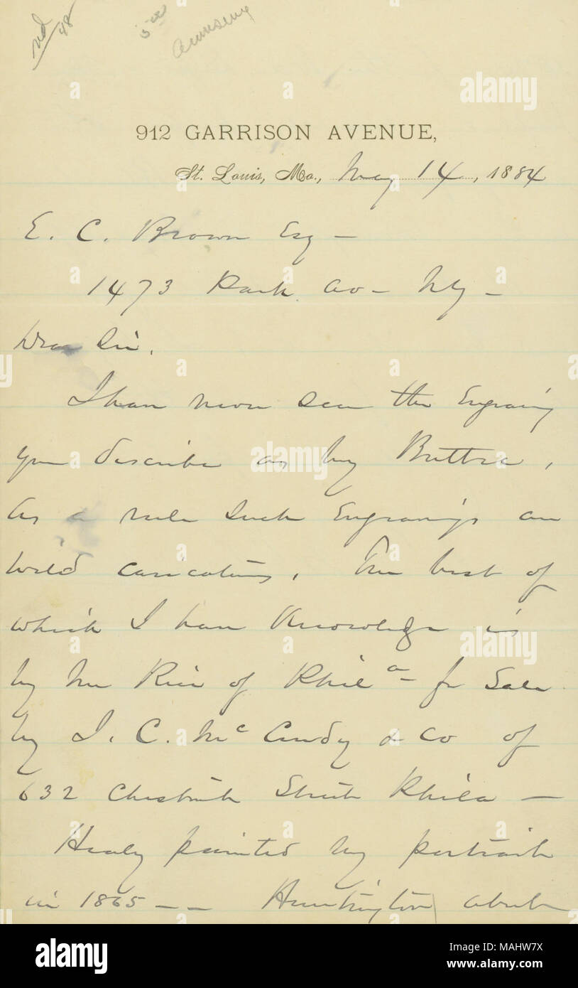 Décrit les gravures et peintures de lui-même créés par divers artistes. Titre : lettre signée W.T. Sherman, 912 Avenue de la garnison, Saint Louis, Mo., à l'E.C. Brown, 1473 Park Avenue, Ny, le 14 mai 1884 . 14 mai 1884. Sherman, William T. (William Tecumseh), 1820-1891 Banque D'Images