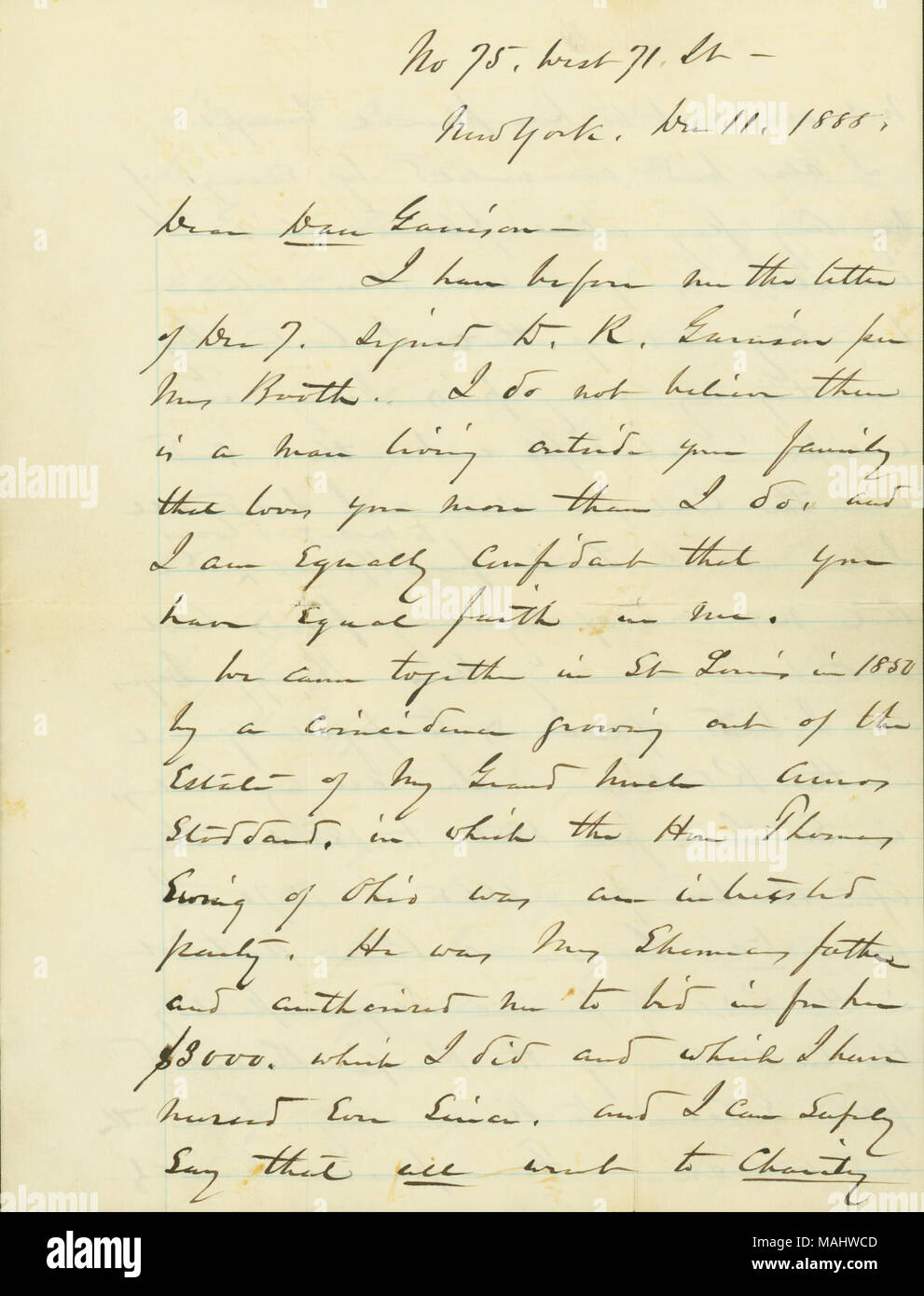 Se rappelle à propos des débuts de leur amitié. Titre : lettre signée W.T. Sherman, No 75 West 71st St, New York, pour Dan Garrison, le 11 décembre 1888 . 11 décembre 1888. Sherman, William T. (William Tecumseh), 1820-1891 Banque D'Images