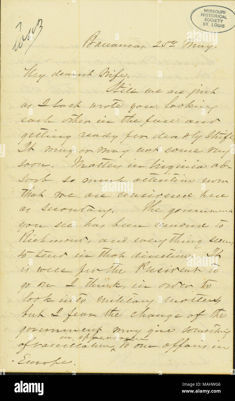 En ce qui concerne la situation à Fort Pickens et la suppression de la gouvernement confédéré à la Virginie. Titre : lettre signé Braxton [Braxton Bragg], Barrancas, en Floride, à son épouse, le 25 mai 1861 . 25 mai 1861. Bragg, Braxton, 1817-1876 Banque D'Images