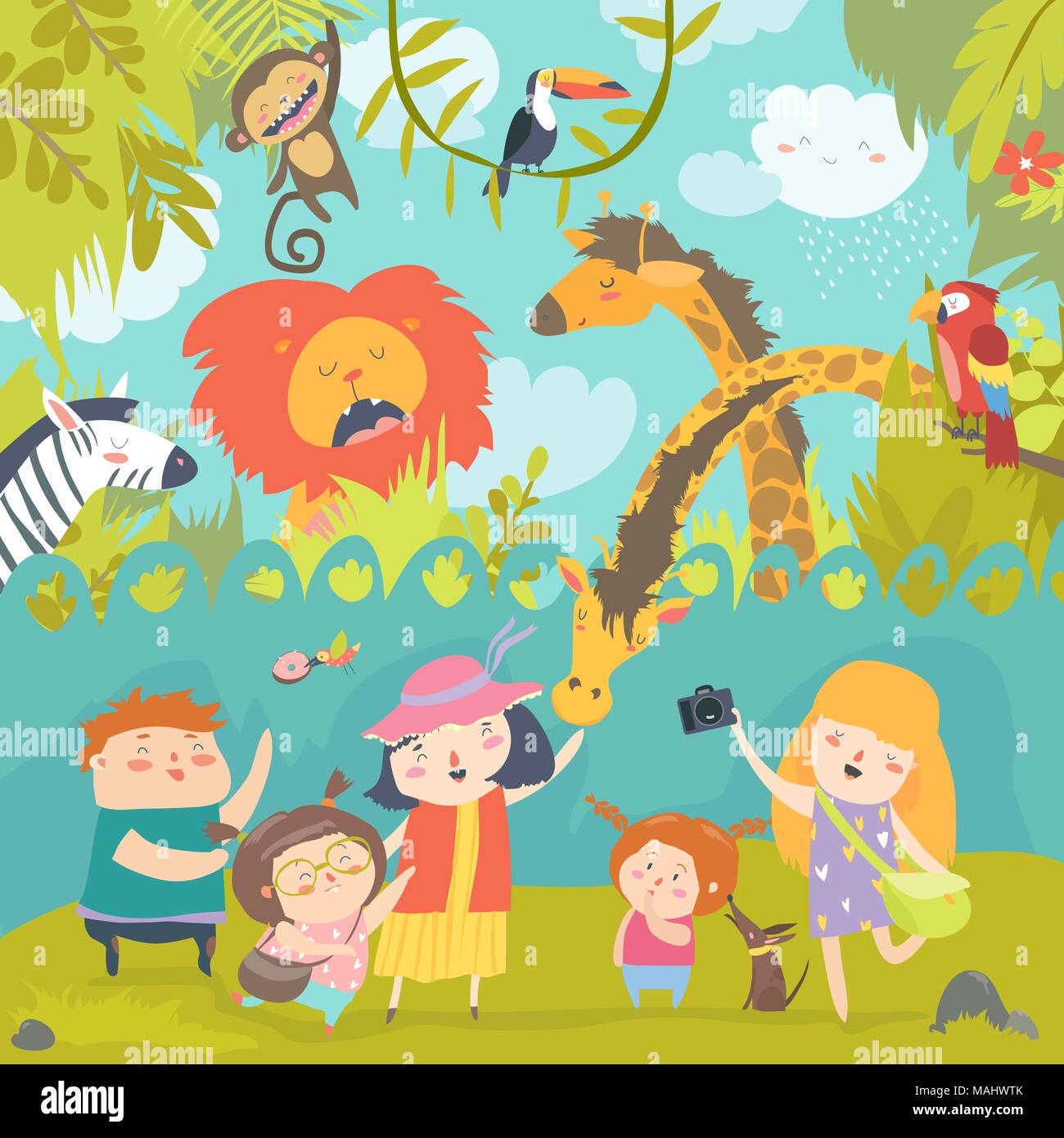 Heureux les enfants de zoo avec des animaux d'Afrique sauvage Illustration de Vecteur