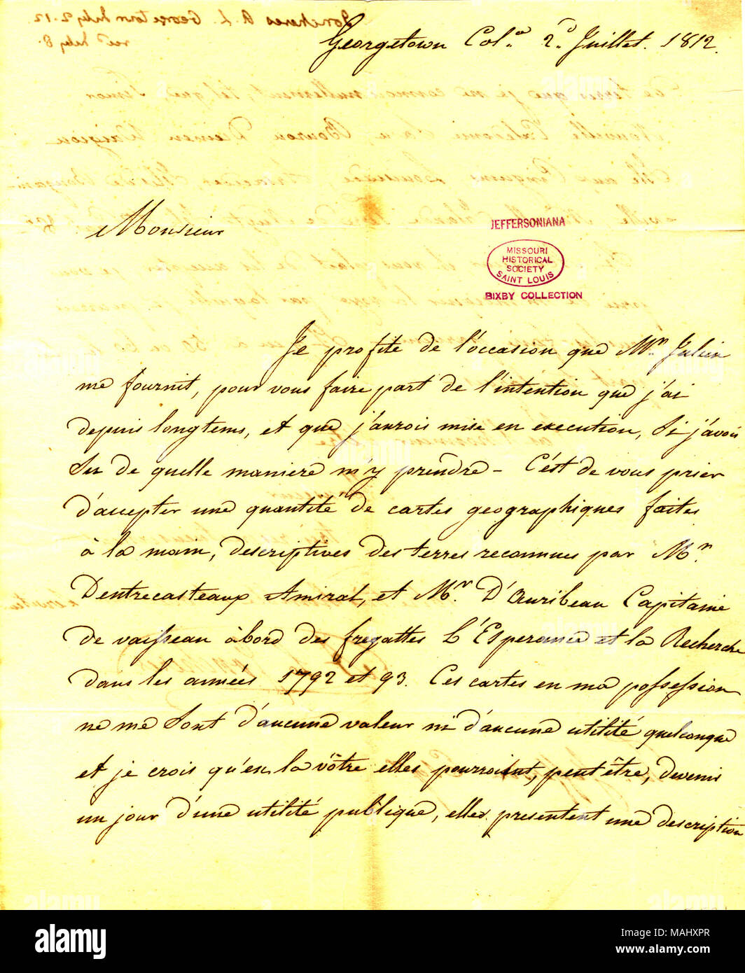 Demande si Jefferson est intéressé à 50 ou 60 cartes géographiques qui ne sont plus de valeur ou utiliser à Joncheres. Titre : lettre signée I.A. Joncheres, Georgetown, à Thomas Jefferson, le 2 juillet 1812 . 2 juillet 1812. Joncheres, A. L. Banque D'Images