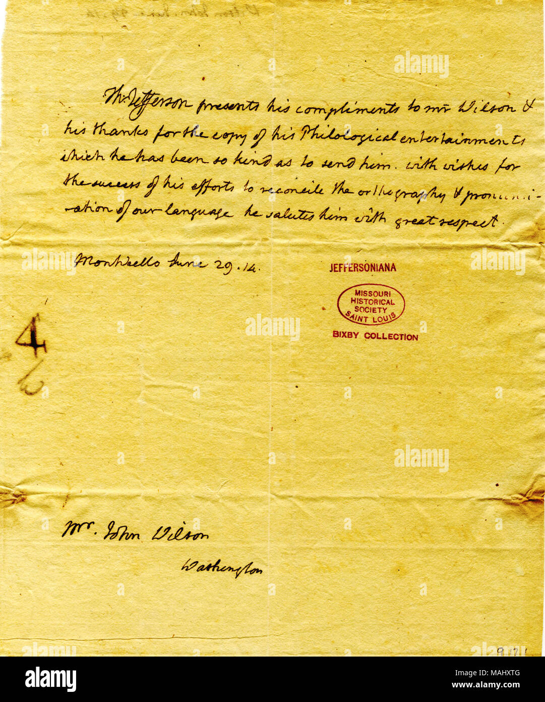 Présente ses compliments, et merci Wilson pour la copie de ses conceptions philosophiques de divertissements. Titre : Note de Thomas Jefferson, Monticello, à John Wilson, Washington, 29 juin 1814 . 29 juin 1814. Jefferson, Thomas, 1743-1826 Banque D'Images Présente ses compliments, et merci Wilson pour la copie de ses conceptions philosophiques de divertissements. Titre : Note de Thomas Jefferson, Monticello, à John Wilson, Washington, 29 juin 1814 . 29 juin 1814. Jefferson, Thomas, 1743-1826 Banque D'Images