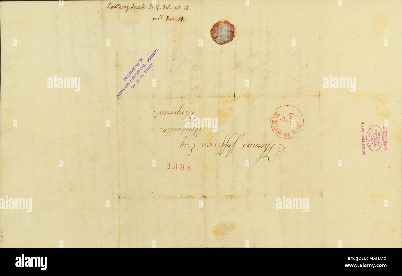 Soutient transcrit les copies des lettres de M. Young [en date du 16 mars, Madrid, 1801] et James Madison [du Ministère d'État, le 30 juillet 1806] relative à la réclamation de laisser le gouvernement espagnol. Titre : lettre signée Jacob Latting, New York, à Thomas Jefferson, le 27 octobre 1817 . 27 octobre 1817. Latting, Jacob Banque D'Images
