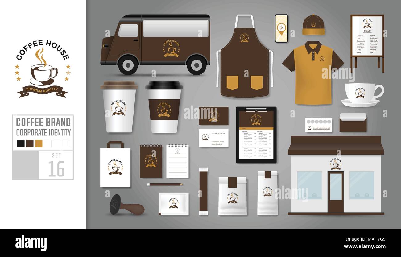 L'identité d'entreprise Paramétrage du modèle 16. Concept de logo pour un café, café, restaurant. Modèle de simulation réaliste jeu de store, polo, tablier, cap, c Illustration de Vecteur