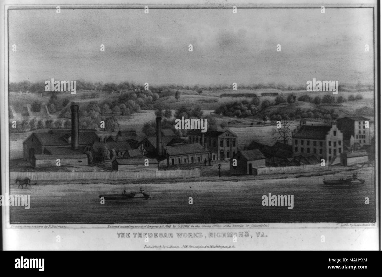 L 'Œuvres Tredegar, Richmond, Virginie, tirées de la nature par F. [Dielman ?]. Entré en fonction d'une loi du Congrès A.D. 1865 par C. Bohn dans les Commis Bureau du District de Columbia. Litho par E. Sachse' 'publié par C. Bohn, 568 Pennsylvania Av. Washington D.C.' La lithographie représente l'Tredegar Iron Works à Richmond, Virginia, United States, regardant vers le sud sur la James River & Kanawha Canal. . 1865. Lithographie de E. Sacshe & Co. editeur C. Bohn. Banque D'Images