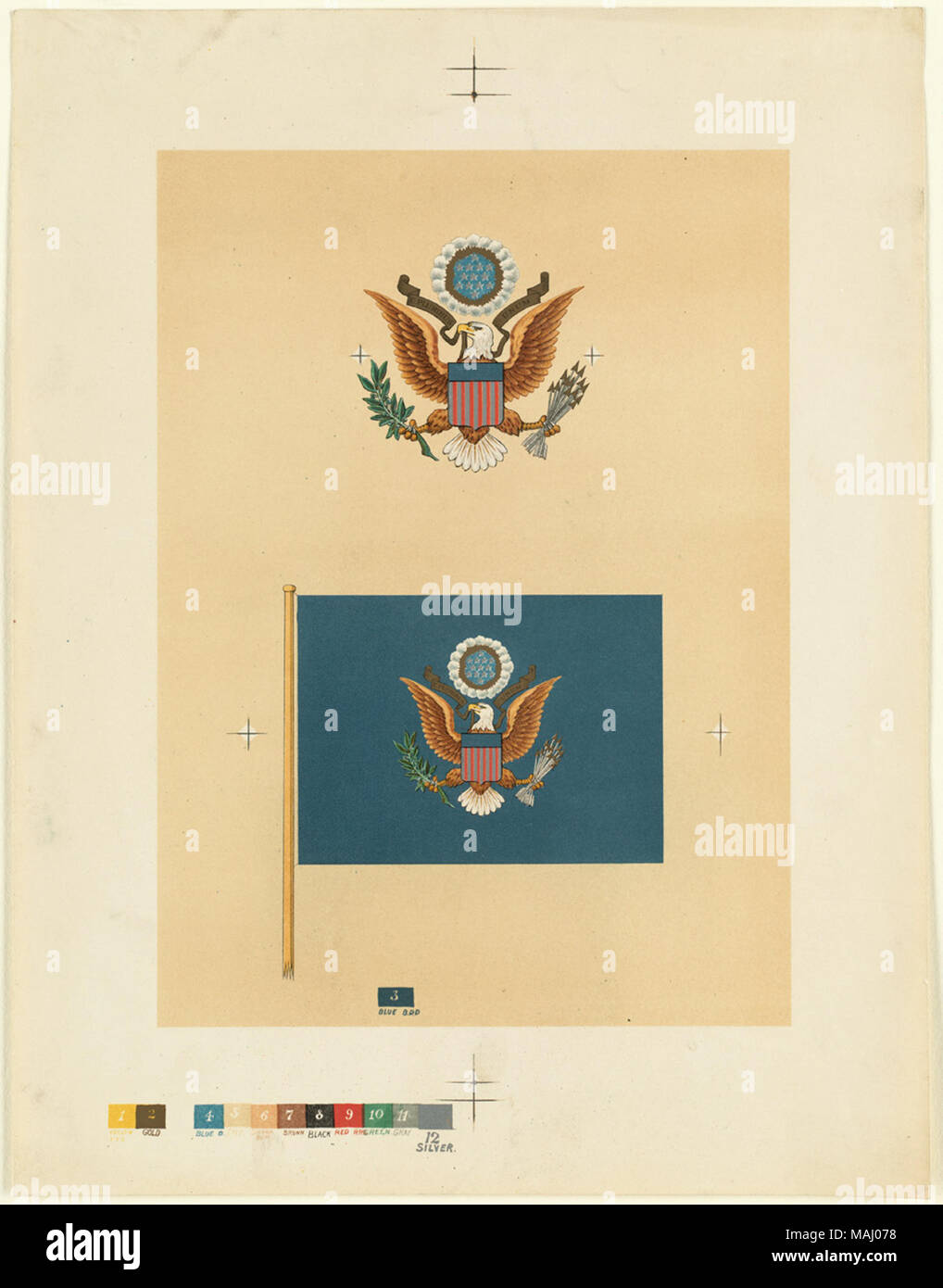 . Lithographie avec le grand sceau des États-Unis sur le dessus, et le drapeau du Président de l'United States Naval (version avec le Grand Sceau et utilisé jusqu'en 1916) sur le fond. Ressemble beaucoup à la partie graphique du 1899 drapeaux des Nations maritimes publié par la U.S. Navy (voir ici). Nom de fichier : 07  11 001244 Titre : Grand Sceau des États-Unis Créateur/Contributeur : L. Prang & Co. (éditeur) Date de publication : 1861-1897 (environ) description physique remarque : Genre : Chromolithographs Annonces ; Notes : Titre fourni par cataloger. Lieu : Bibliothèque publique de Boston, sur 2011-0 Banque D'Images