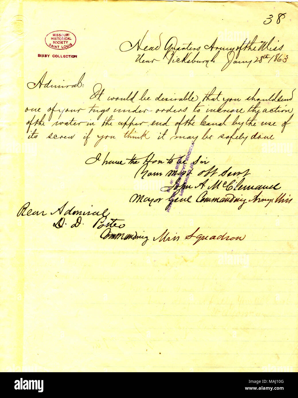 "Il serait souhaitable que vous devez envoyer l'un de vos remorqueurs sous l'ordre d'accroître l'action de l'eau, à l'extrémité supérieure du canal par l'utilisation de sa vis si vous pensez qu'il peut être fait en toute sécurité.' Title : Note de John A. McClernand, administration centrale, de l'Armée du Mississippi, près de Vicksburg, David D. [à] porter, le 28 janvier 1863 . 28 janvier 1863. McClernand, John A. Banque D'Images