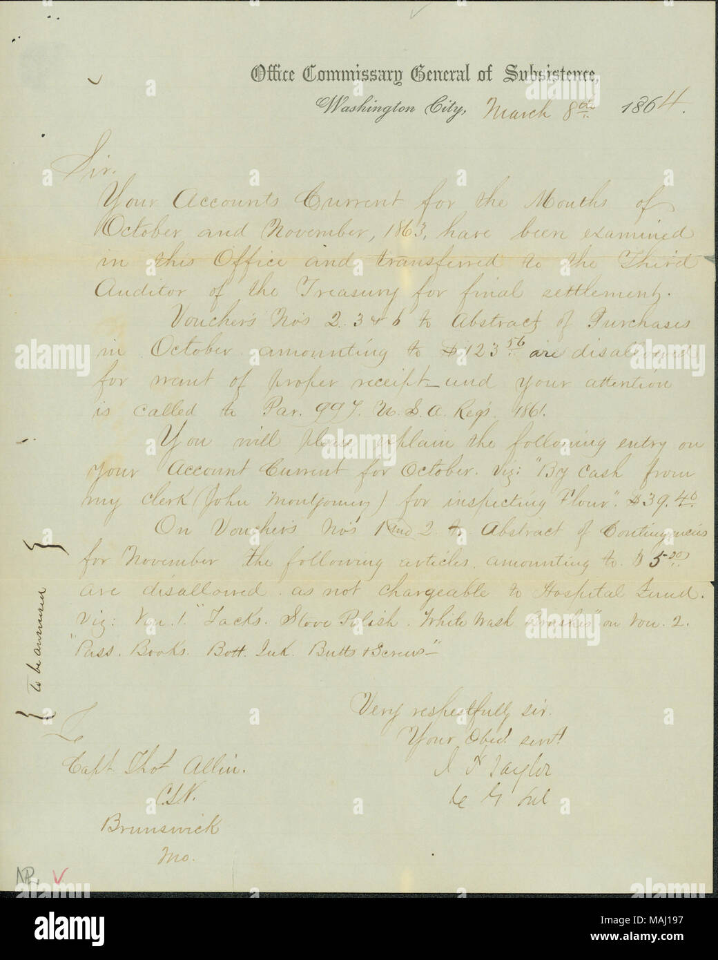 Les comptes de membres qu'Allin pour le mois d'octobre et novembre 1863, ont été examinés et transmis à la troisième vérificateur au Trésor pour règlement définitif. L'enveloppe comprend. Titre : Lettre de I.T. Taylor, commissaire général du Bureau de la subsistance, de la ville de Washington, le capitaine Thomas Allin, Brunswick, Mo., Mars 8, 1864 . 8 mars 1864. Taylor, I. T. Banque D'Images