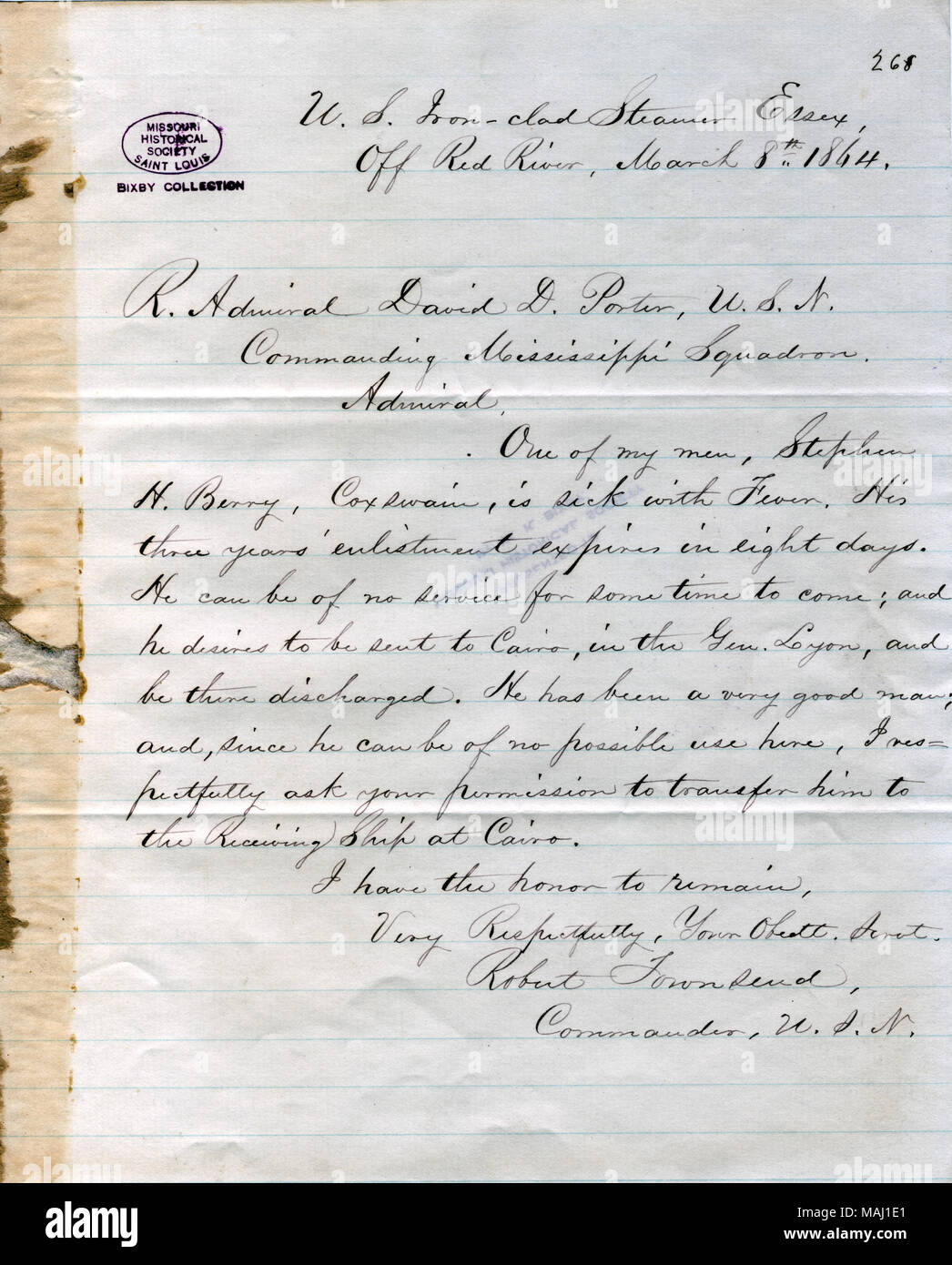 Demander la permission d'envoyer Coxswain Stephen H. Berry, qui est malade, au Caire. Titre : Lettre de Robert Townsend, le cuirassé à vapeur Essex, au large de Rivière Rouge, pour [David D.] Porter, le 8 mars 1864 . 8 mars 1864. Townsend, Robert Banque D'Images