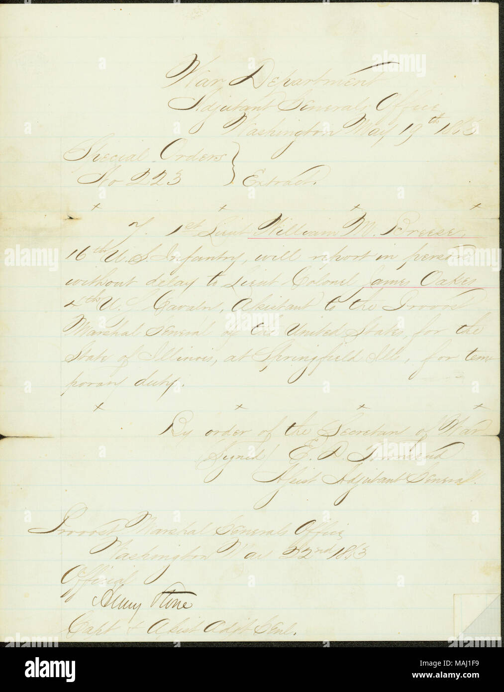 Dire que le Lieutenant William M. Breese doit faire rapport au Lieutenant-colonel James Oaks pour des affectations temporaires. Titre : Les Commandes Spéciales, n° 223, signé E.D. Townsend, adjudant général adjoint, Ministère de la guerre, l'adjudant-général's Office, Washington, le 19 mai 1863 . 19 mai 1863. Townsend, E. D. (Edward Davis), 1817 à 1893 Banque D'Images