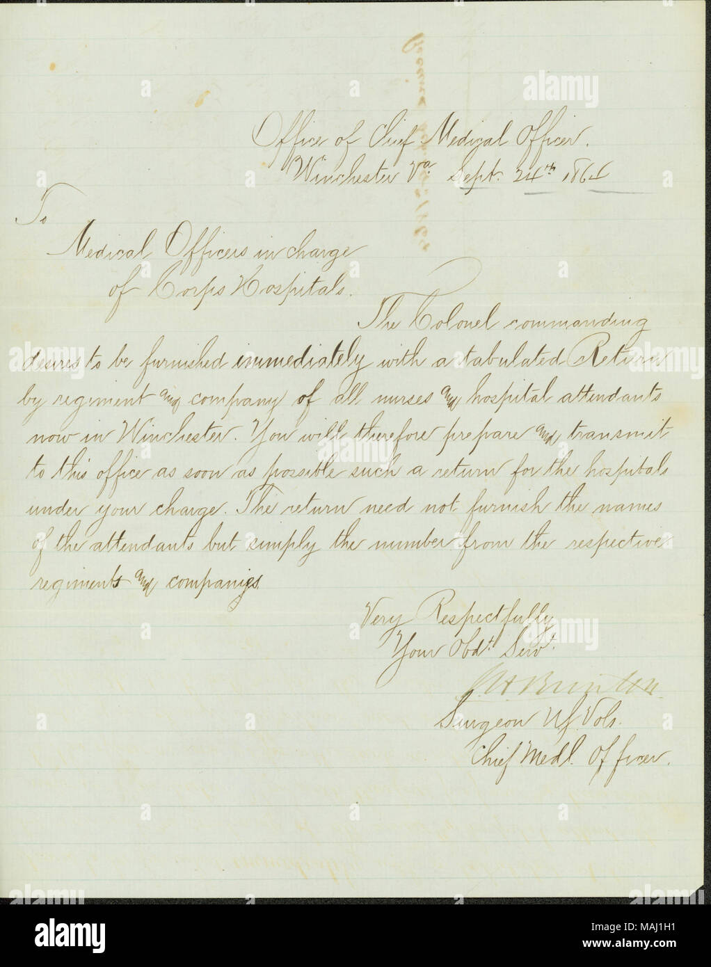 Déclare que le colonel commandant doit être fourni avec un retour de tableau par régiment et la compagnie de toutes les infirmières et les préposés de l'Hôpital de Winchester. Transcription : bureau de médecin en chef va Winchester 1864 24 sept officiers médicaux en charge de Corps les hôpitaux. Le Colonel commandant désire être fournie immédiatement avec un retour de tableau par régiment et la compagnie de toutes les infirmières et les préposés de l'hôpital maintenant à Winchester. Vous devrez donc préparer et transmettre à notre bureau le plus tôt possible un tel retour pour les hôpitaux sous votre charge. Le retour n'ont pas à fournir les Banque D'Images