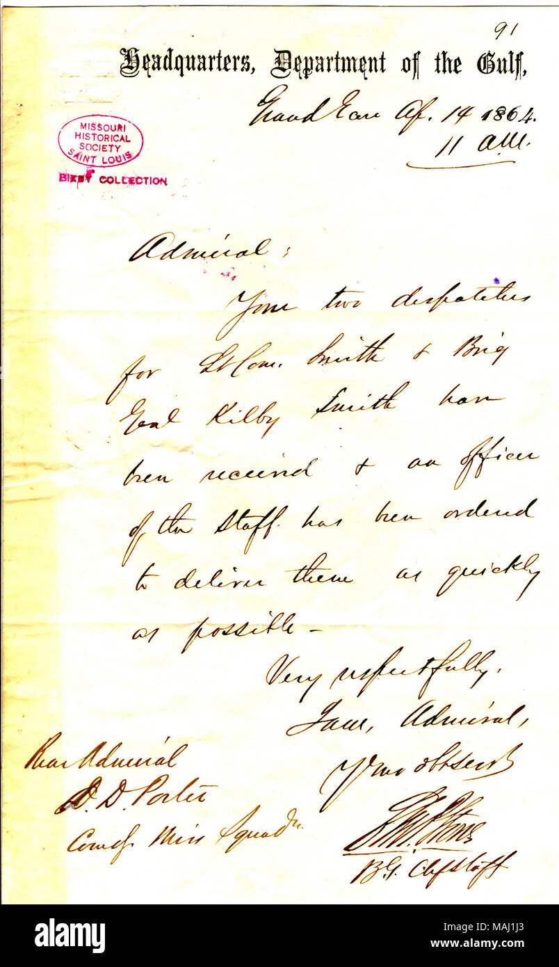 Membres, 'Le Général commandant [a] a rappelé l'obligation d'officier des transmissions avec vous, de l'envoyer en direction de In Campti.' Title : Lettre de Geo. B. Drake, l'administration centrale, Ministère de la région du Golfe, Grand Ecore, David D. [à] porter, 14 avril 1864 . 14 avril 1864. Drake, George B. Banque D'Images