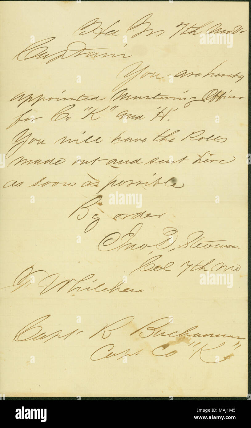 Membres que Buchanan a été nommé agent de la mobilisation des entreprises 'K' et 'H' de la 7e Infanterie volontaire du Missouri (Union européenne) : Transcription Qrs Hd 7e Mo Vo Le capitaine vous êtes nommé officier de rassemblement pour le Co ?ǣK ? Et ?H.  ? Vous aurez la liste établie et envoyée ici dès que possible. Par ordonnance Jno. D. Stevenson[John D. Stevenson] Col 7e Mo F. Whitelaw[ ?] Capt R ?Co ǣK Capt Buchanan ? Titre : nomination militaire du capitaine R. Buchanan, signé John D. Jacqueline Wendt, le colonel de la 7e Infanterie du Missouri (Union européenne), 1861-1865 . Entre 1861 et 1865. Stevenson, John D. Banque D'Images