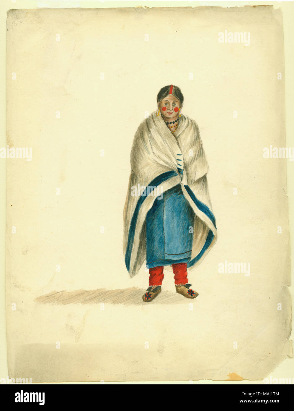 Indian woman wearing red leggings à envelopper et mocassins en cuir bleu, deux points rouges sur les joues, une bande rouge sur la tête et une couverture commerciale indienne sur ses épaules. Titre : Peinture d'une femme indienne par Anna Maria Von Phul . 1818. Von Phul, Anna Maria Banque D'Images