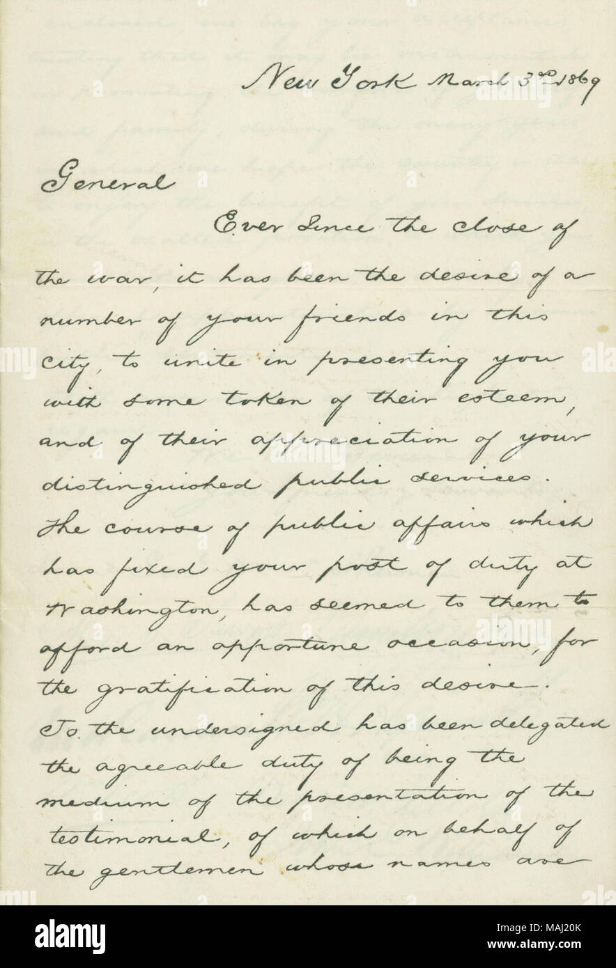 Présente une maison de Sherman à Washington comme une récompense pour son service. Titre : lettre de témoignage Alexander Stewart, Hamilton Fish et al., New York, pour Wm. T. Sherman, le 3 mars 1869 . 3 mars 1869. Stewart, Alex T. Banque D'Images