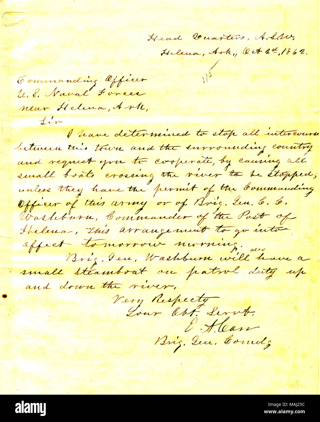 Demande que tous les petits bateaux essayant de traverser la rivière être arrêté. Titre : Lettre de E. A. Carr, Helena, Arkansas, au commandant de forces navales des États-Unis près de Helena, Arkansas, le 2 octobre 1862 . 2 octobre 1862. Carr, E.A. Banque D'Images