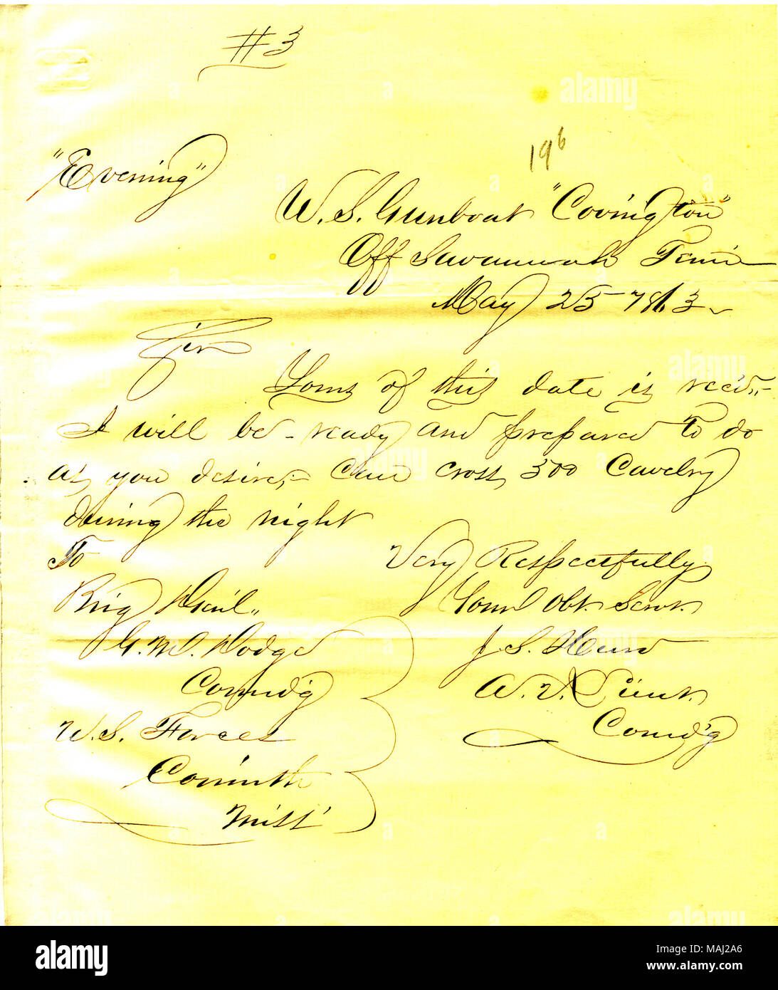 Titre : Lettre de J. S. Hurd, U. S. S. Covington, près de Savannah, Georgia, avec G. M. Dodge, Corinth, Mississippi, le 25 mai 1863 . 25 mai 1863. Hurd, J.S. Banque D'Images