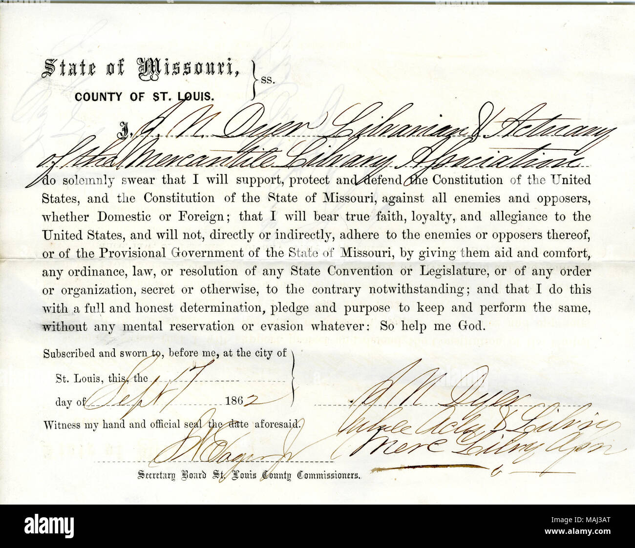 Prête serment d'allégeance au Gouvernement des États-Unis et de l'État du Missouri. Titre : serment de loyauté de J. N. Dyer du Missouri, dans le comté de Saint Louis . 17 septembre 1862. Dyer, John N. Banque D'Images