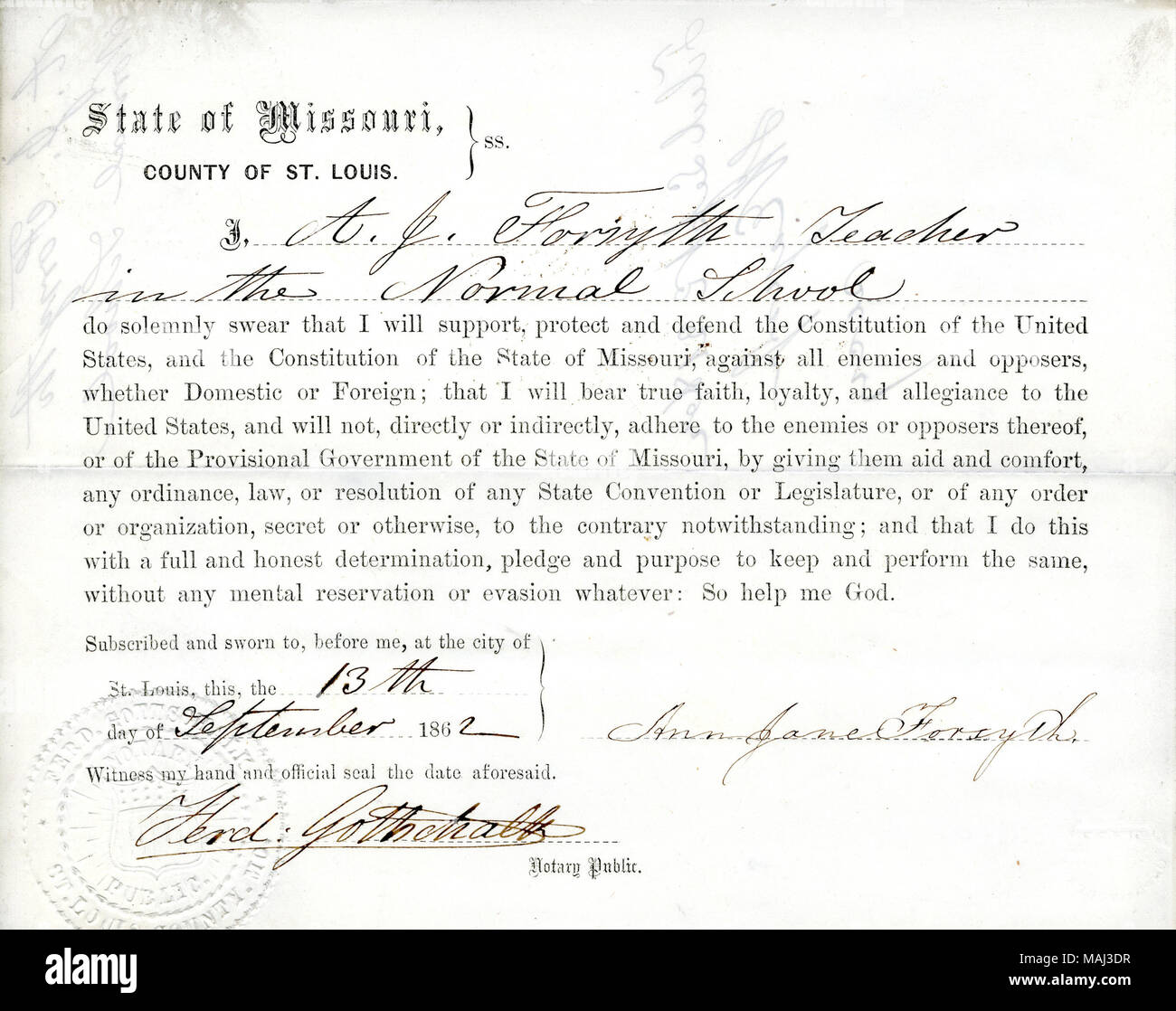 Prête serment d'allégeance au Gouvernement des États-Unis et de l'État du Missouri. Titre : serment de fidélité Ann Jane Forsyth du Missouri, dans le comté de Saint Louis . 23 septembre 1862. Forsyth, A.J. Banque D'Images