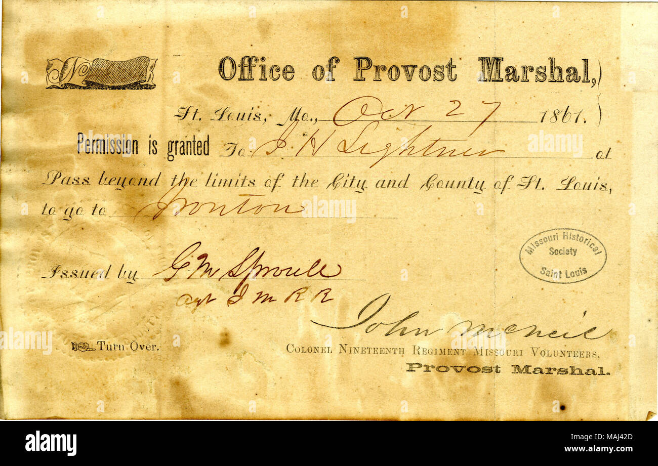 Lightner accorde la permission de passer au-delà des limites de la Saint Louis. Titre : col militaire de John H. Lightner, signé G.M. Sproule, Office de prévôt, Saint Louis, Missouri, le 27 octobre 1861 . 27 octobre 1861. Sproule, G. M. Banque D'Images