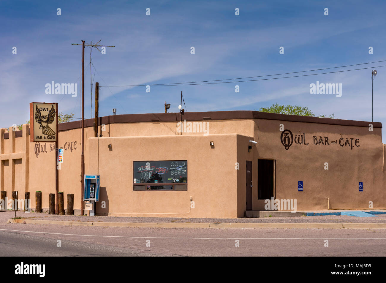 La Chouette Bar and Café célèbre pour green chili cheeseburgers situé près du site Trinity et Bosque del Apache dans San Antonio, New Mexico, USA Banque D'Images