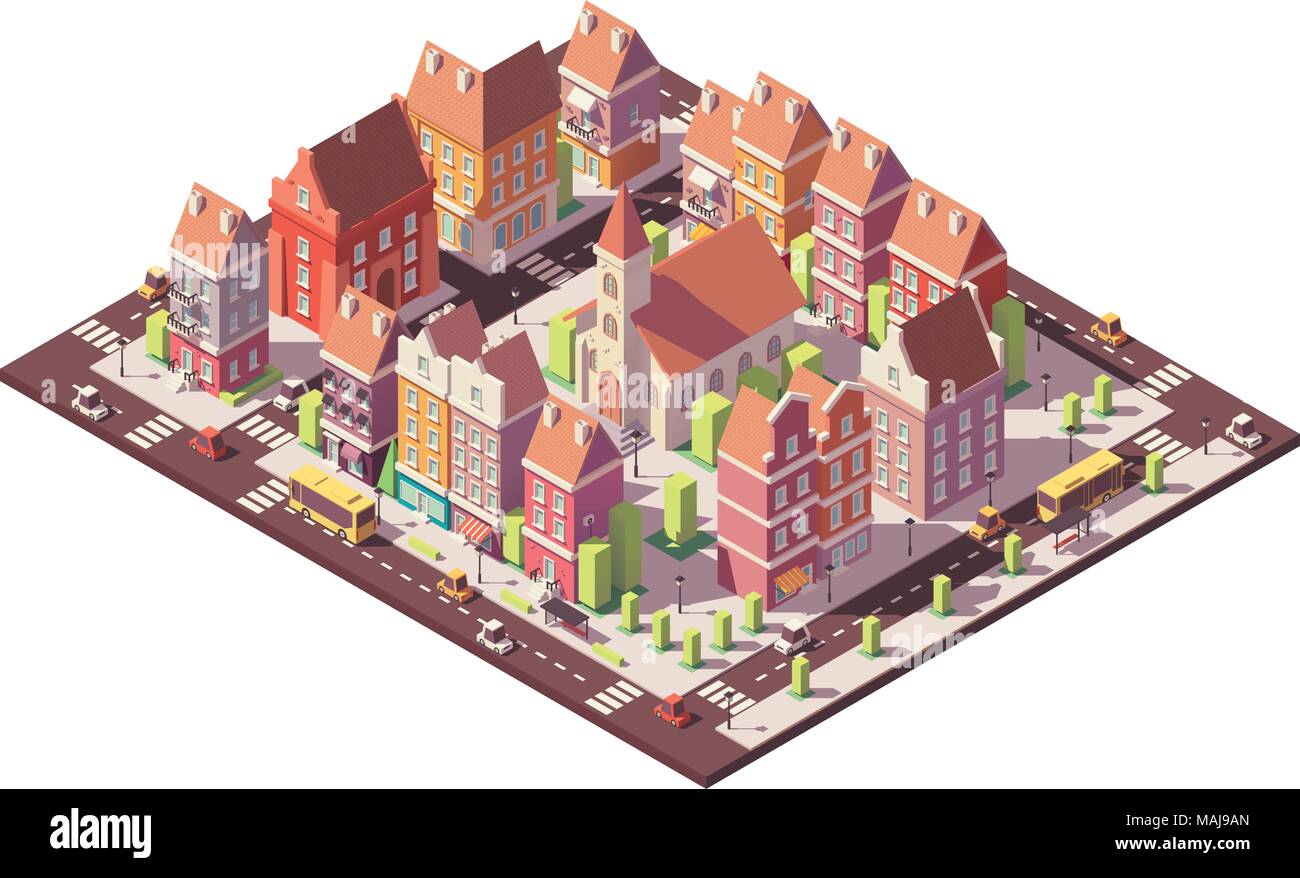 Faible vecteur isométrique poly vieux centre-ville Illustration de Vecteur