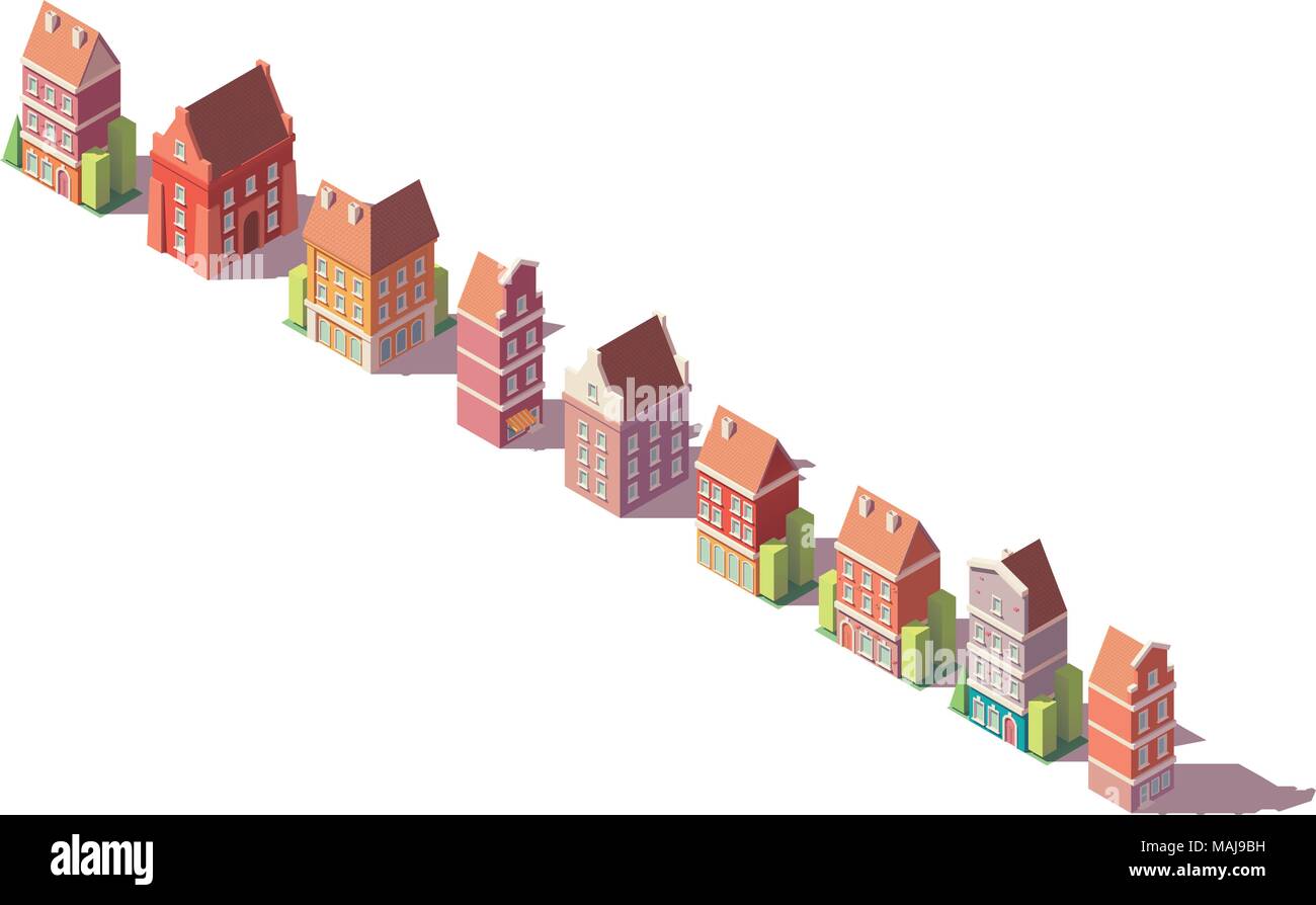 Faible vecteur ensemble de bâtiments anciens isométrique poly Illustration de Vecteur
