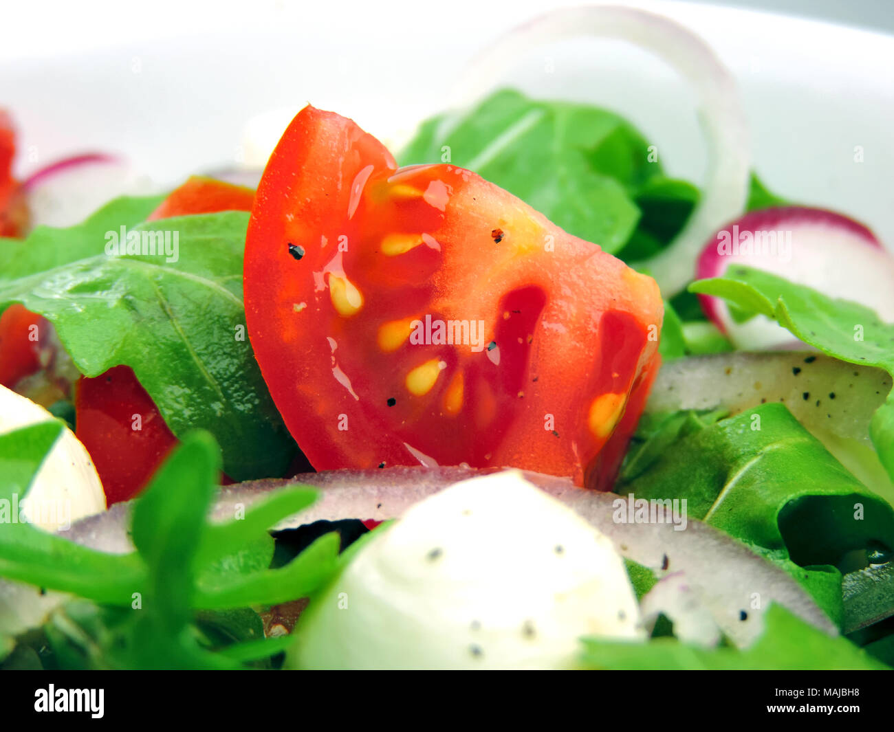 Salade gourmande ou frais salade caprese avec tomates, oignons rouges, roquette et mozzarella fromage sur une assiette blanche. Gros plan de salade fraîche. Banque D'Images