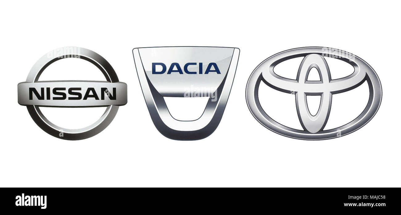 Kiev, Ukraine - 09 novembre 2017 : Collection de voiture logos imprimés sur papier blanc : Nissan, Dacia et Toyota Banque D'Images