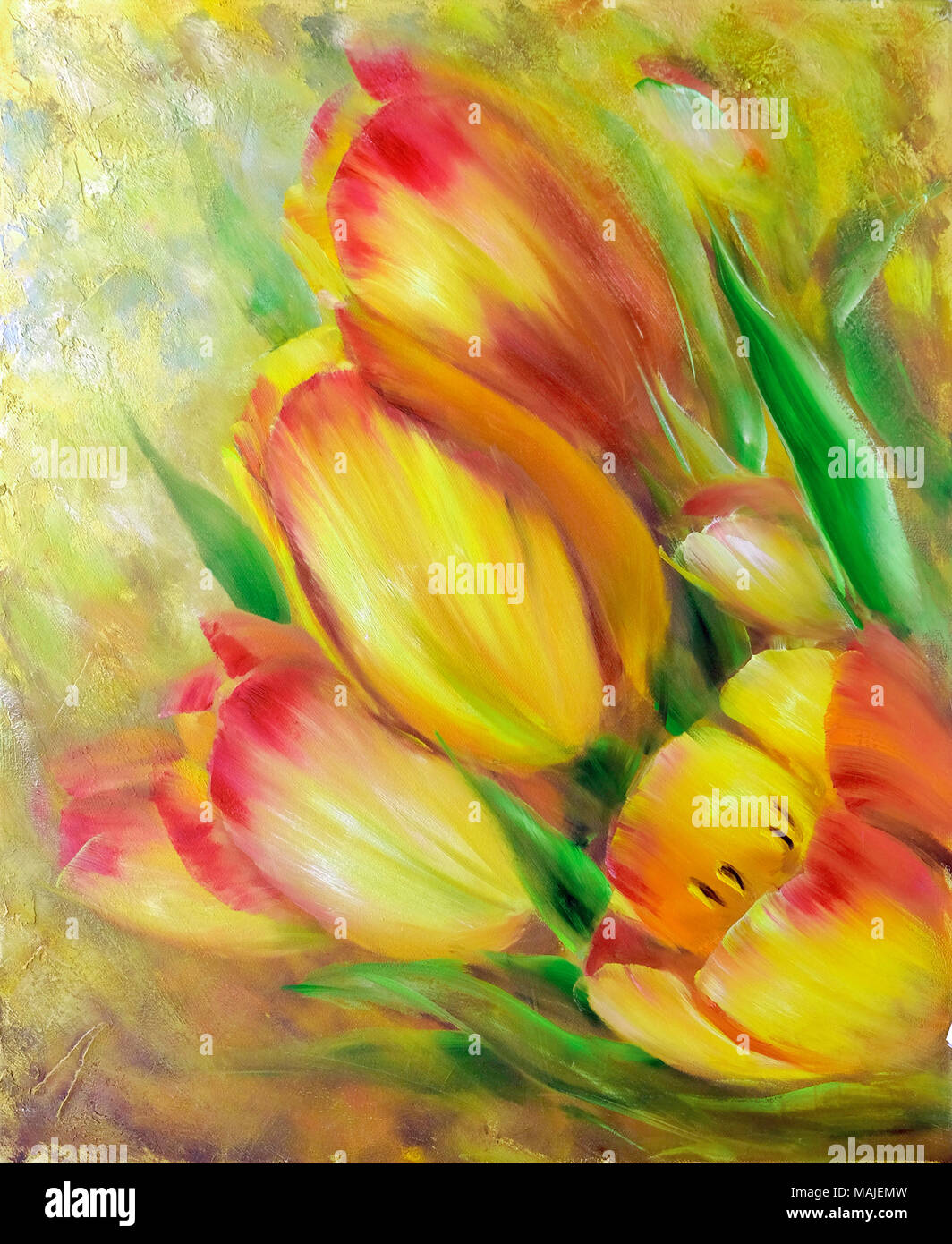 Vintage yellow red tulips peinture à l'huile. Banque D'Images