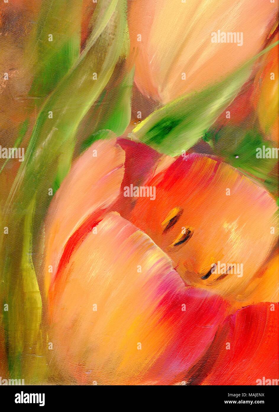Vintage tulipes rouges peinture à l'huile. Banque D'Images