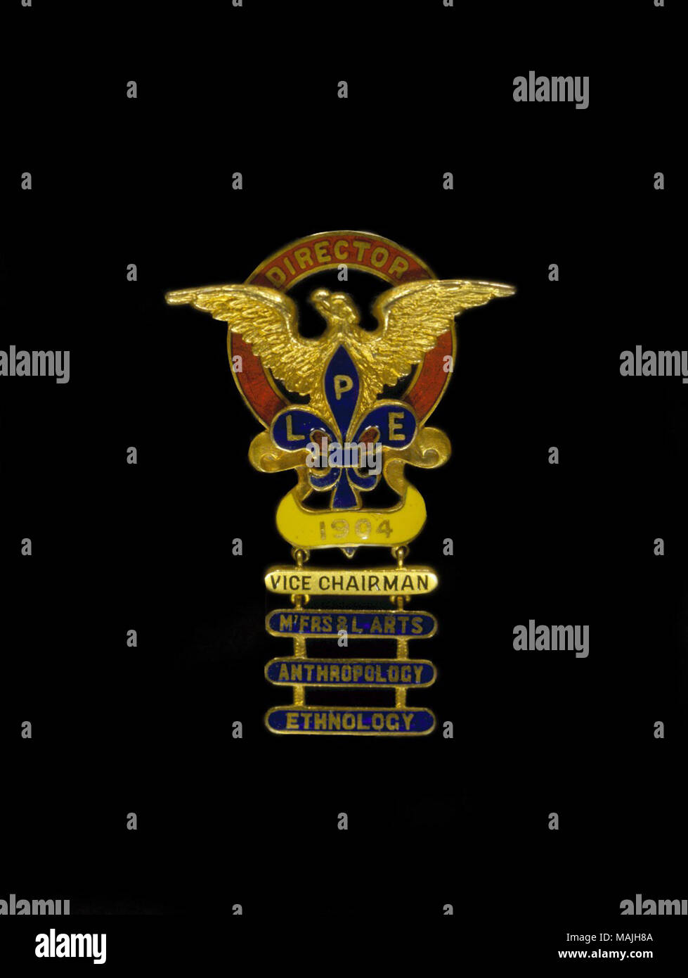 Badge du directeur appartenant à Goodman King. King est l'un des 93 administrateurs de la Louisiana Purchase Exposition. Son insigne montre qu'il a occupé le poste de vice-président pour les trois comités suivants : fabrique et d'arts libéraux, l'anthropologie et l'Ethnologie. Titre : 1904 World's Fair Director's Pin pour Goodman Roi . 1904. Jaccard et Mermod Jewelry Co. Banque D'Images