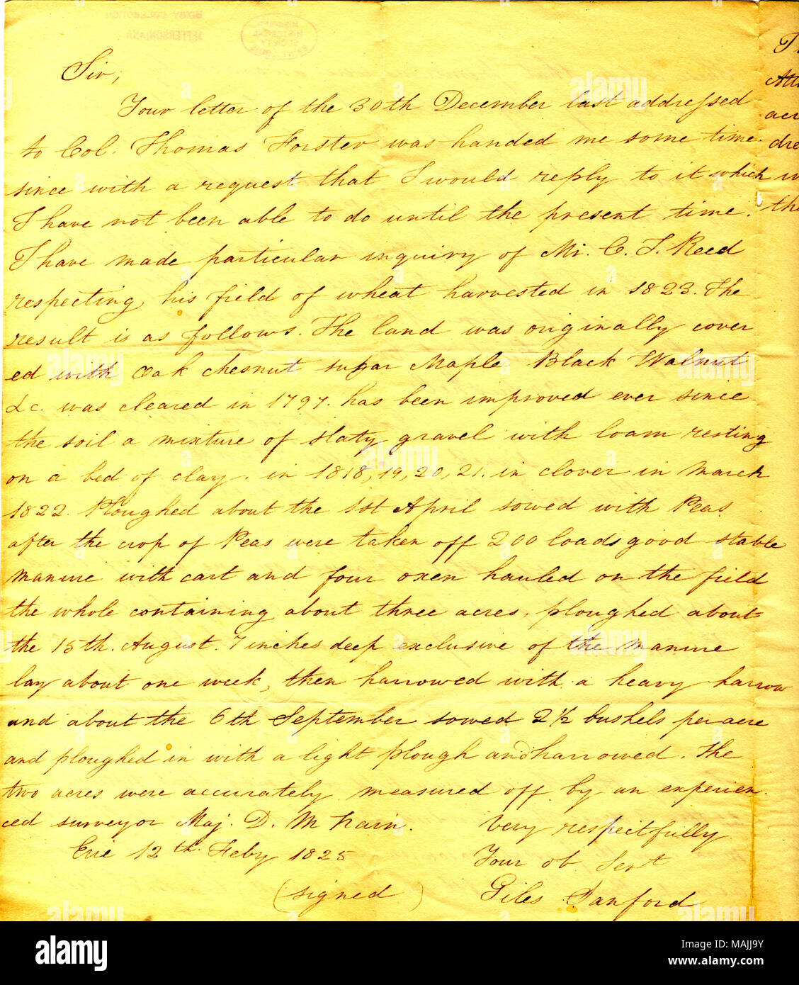 Copie de la transcription des témoignages donnés par John Sanford, Shadduck, et Charles Reed certifiant les primes accordées par l'Erie County Agricultural Society lors d'une foire à Erie le 13 novembre 1823. (4 pages) Titre : lettre signée Giles Sanford, Erie, Pennsylvanie, le 12 février 1825 . 12 février 1825. Sandford, Giles Banque D'Images