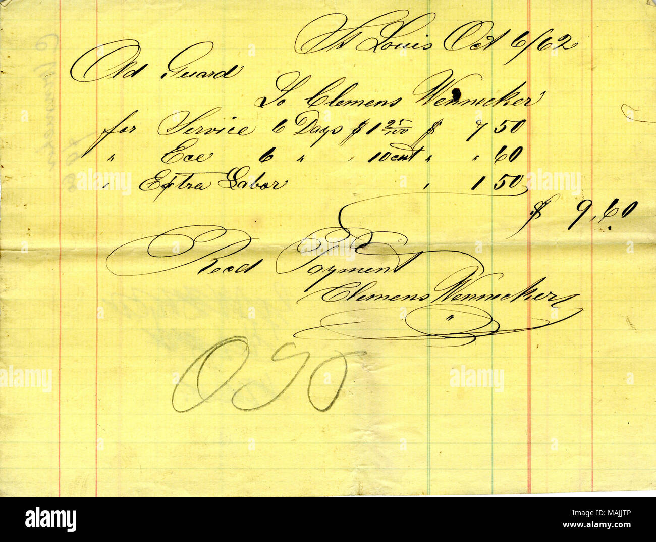Paiement pour six jours de service. Titre : La réception de paiement de 9,60 $ reçu par Clemens Wenneker à partir de la vieille garde (St. Louis, Mo.), le 6 octobre 1862 . 6 octobre 1862. Wenneker, Clemens Banque D'Images