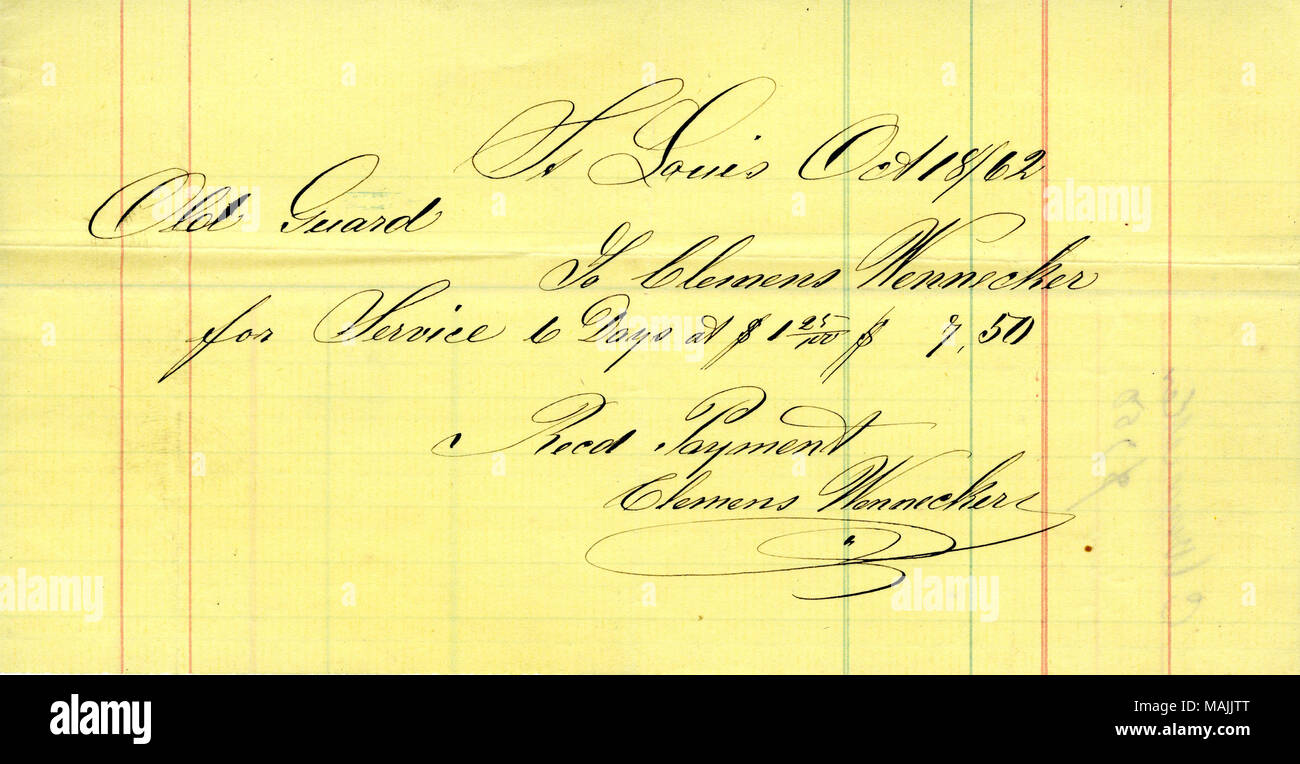 Paiement pour six jours de service. Titre : La réception de paiement de 7,50 $ reçu par Clemens Wenneker à partir de la vieille garde (St. Louis, Mo.), 18 octobre 1862 . 18 octobre 1862. Wenneker, Clemens Banque D'Images