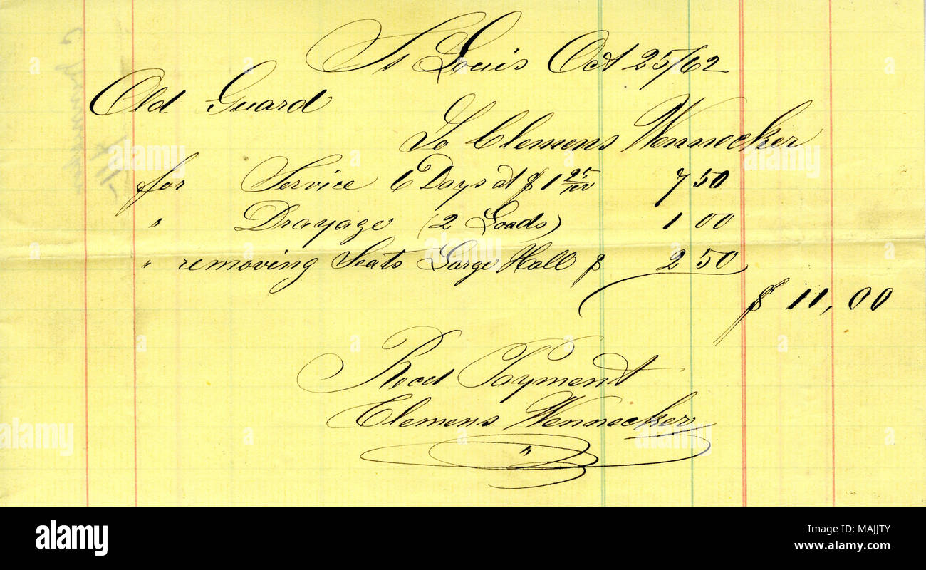 Paiement pour six jours de service. Titre : La réception de paiement de 11,00 $ reçu par Clemens Wenneker à partir de la vieille garde (St. Louis, Mo.), 25 octobre 1862 . 25 octobre 1862. Wenneker, Clemens Banque D'Images