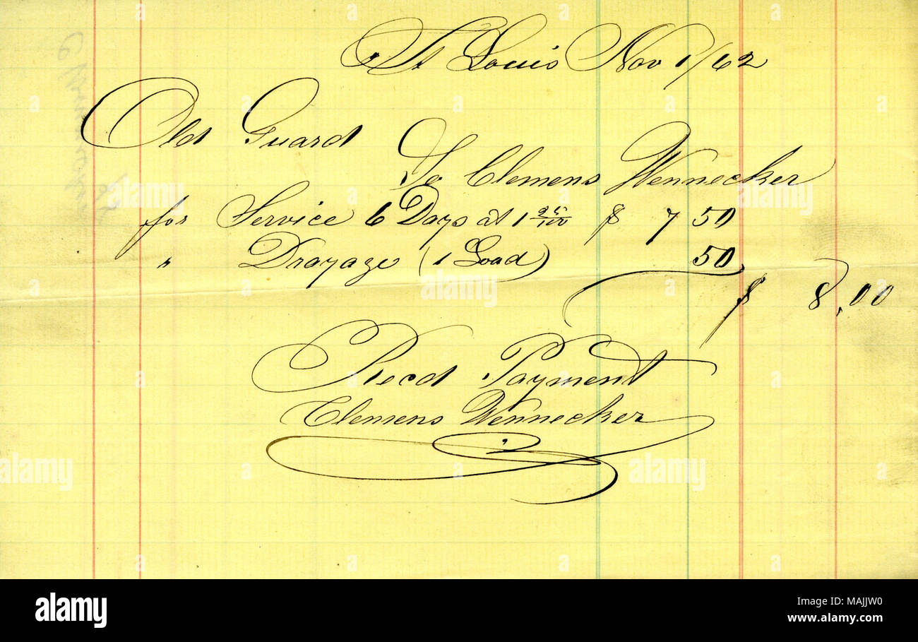 Paiement pour six jours de service. Titre : La réception de paiement de 8,00 $ reçu par Clemens Wenneker à partir de la vieille garde (St. Louis, Mo.), le 1 novembre 1862 . 1er novembre 1862. Wenneker, Clemens Banque D'Images