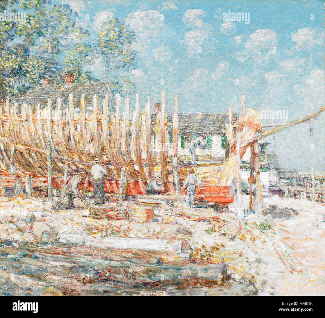 . Anglais : un tableau représentant la construction d'une goélette à Provincetown, Massachusetts. . La construction de la Goélette, Provincetown-1900 Banque D'Images