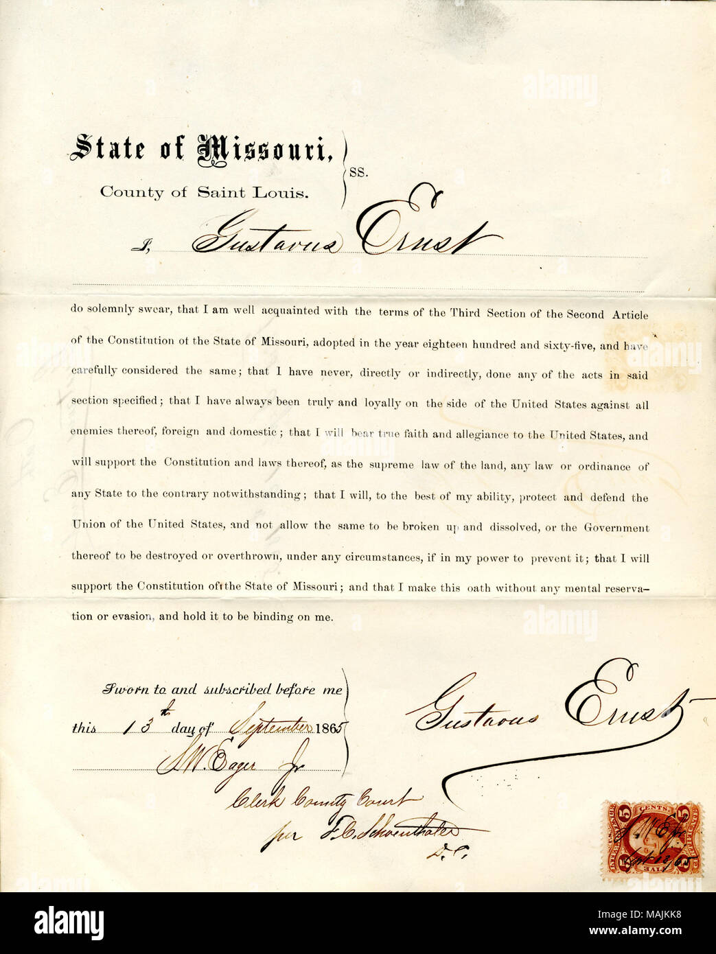 Prête serment d'allégeance au Gouvernement des États-Unis et de l'État du Missouri. Titre : serment de loyauté de Gustavus Ernst du Missouri, dans le comté de Saint Louis . 13 septembre 1865. Ernst, G. Banque D'Images